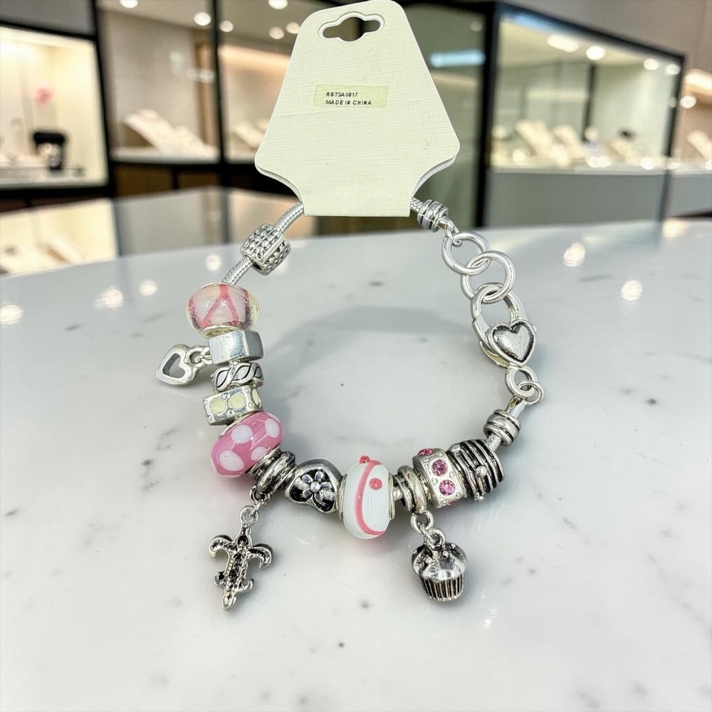 Pink Charm Bracelet European Style Murano Glass Beads Heart Cupcake Silver Tone